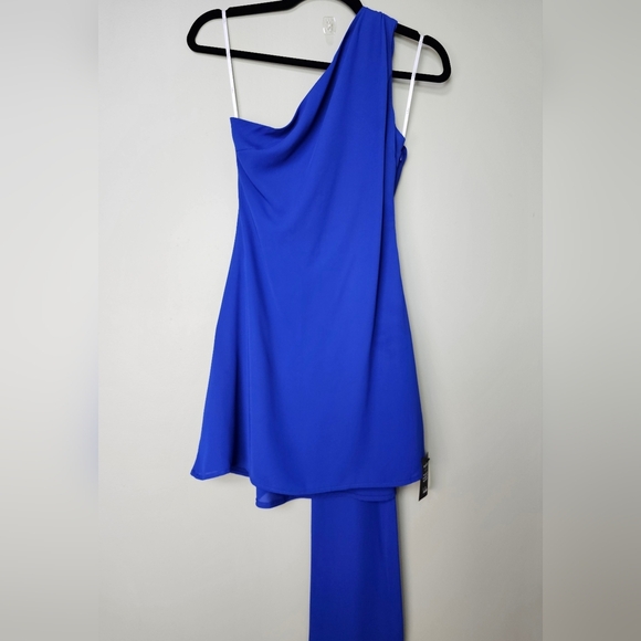 Lulus Isloda Blue One-Shoulder Cowl Backless Sash Mini Dress, Size XS - Picture 11 of 13